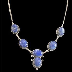 Vintage Blue Lapis Cabochon Sterling Silver 925 Filigree Beads Necklace 18.5”
